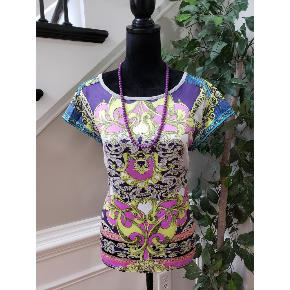 A.n.a Top Blouse Women's Size Large Multicolor Casual Short Sleeve Round Neck